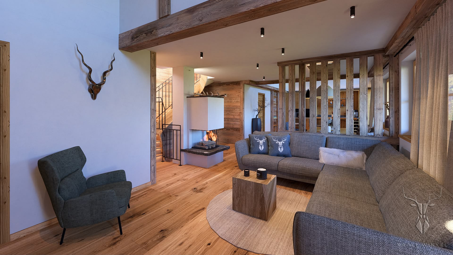 Wohnraum mit Kamin Chalet Hochkoenig in Maria Alm